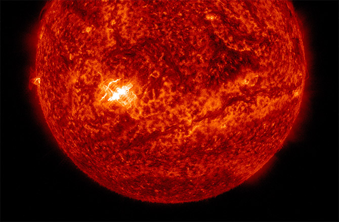 An observation of the sun -- at a wavelength of 304A -- made by NASA's Solar Dynamics Observatory shortly after Wednesday's X-class flare.